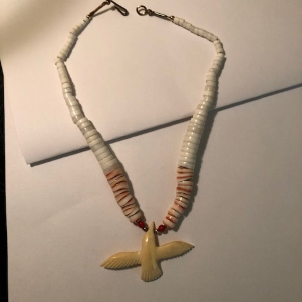 Hand‑Carved Bird Necklace with Heishi Shell Beads • Natural Boho Southwestern